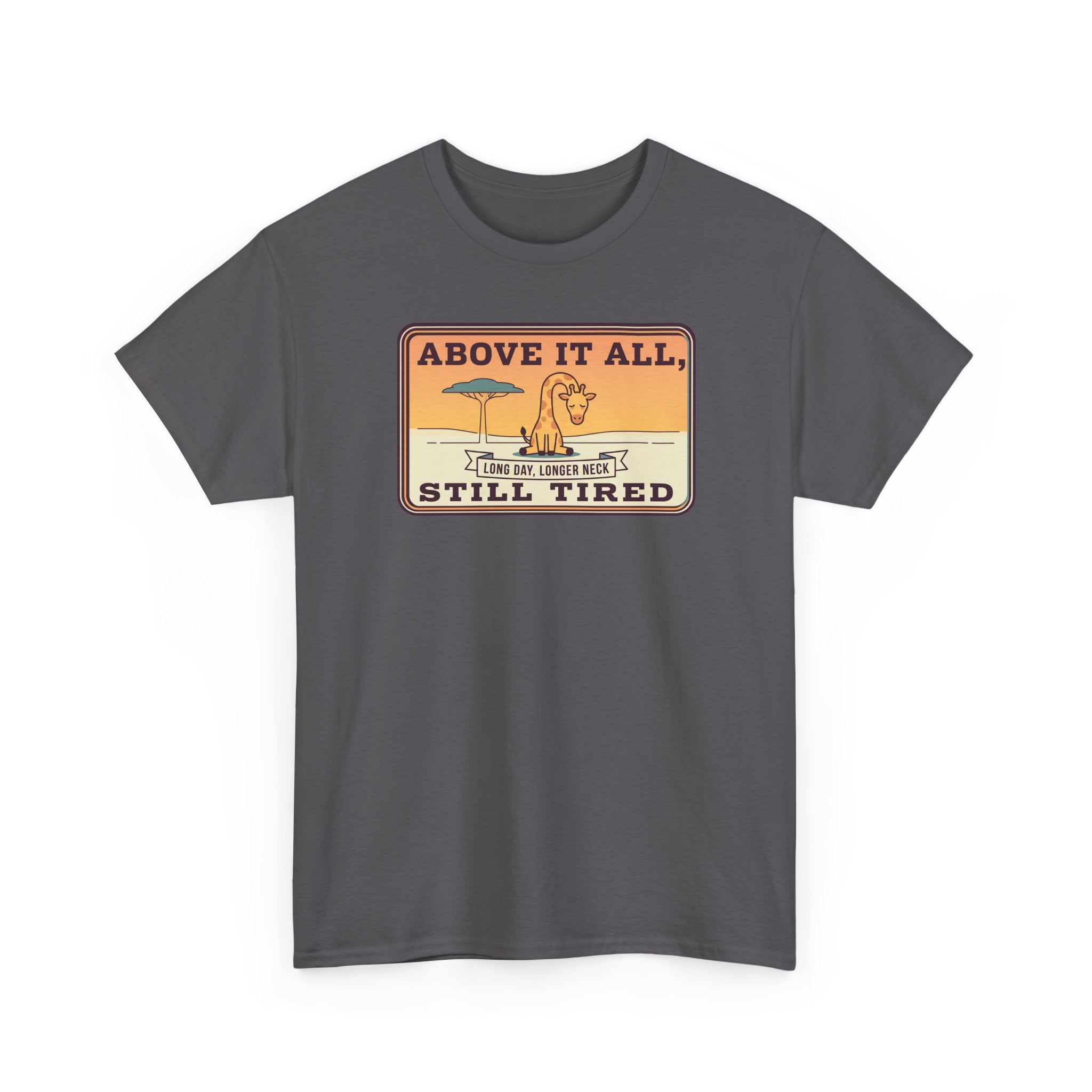 Above It All Still Tired Tee | Retro Beach Scene, Coffee Cup, Sunset Vibes
