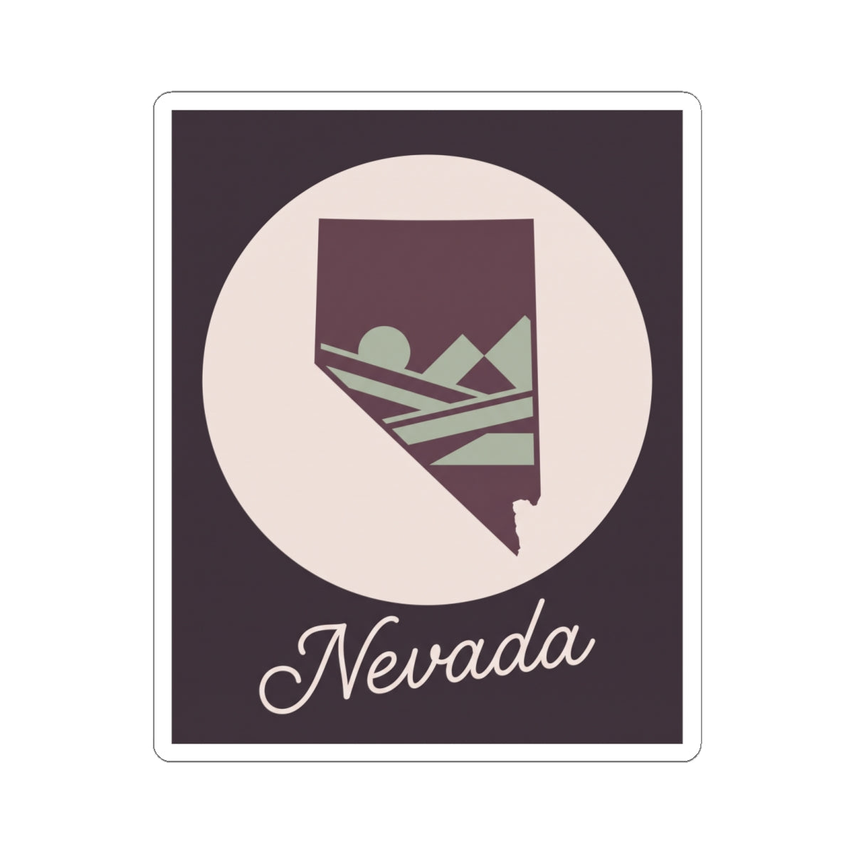Nevada kiss-cut decal featuring purple state outline, desert landscape art, script 'Nevada'