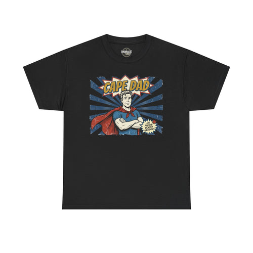 Cape Dad superhero T‑shirt, black, retro comic chest logo
