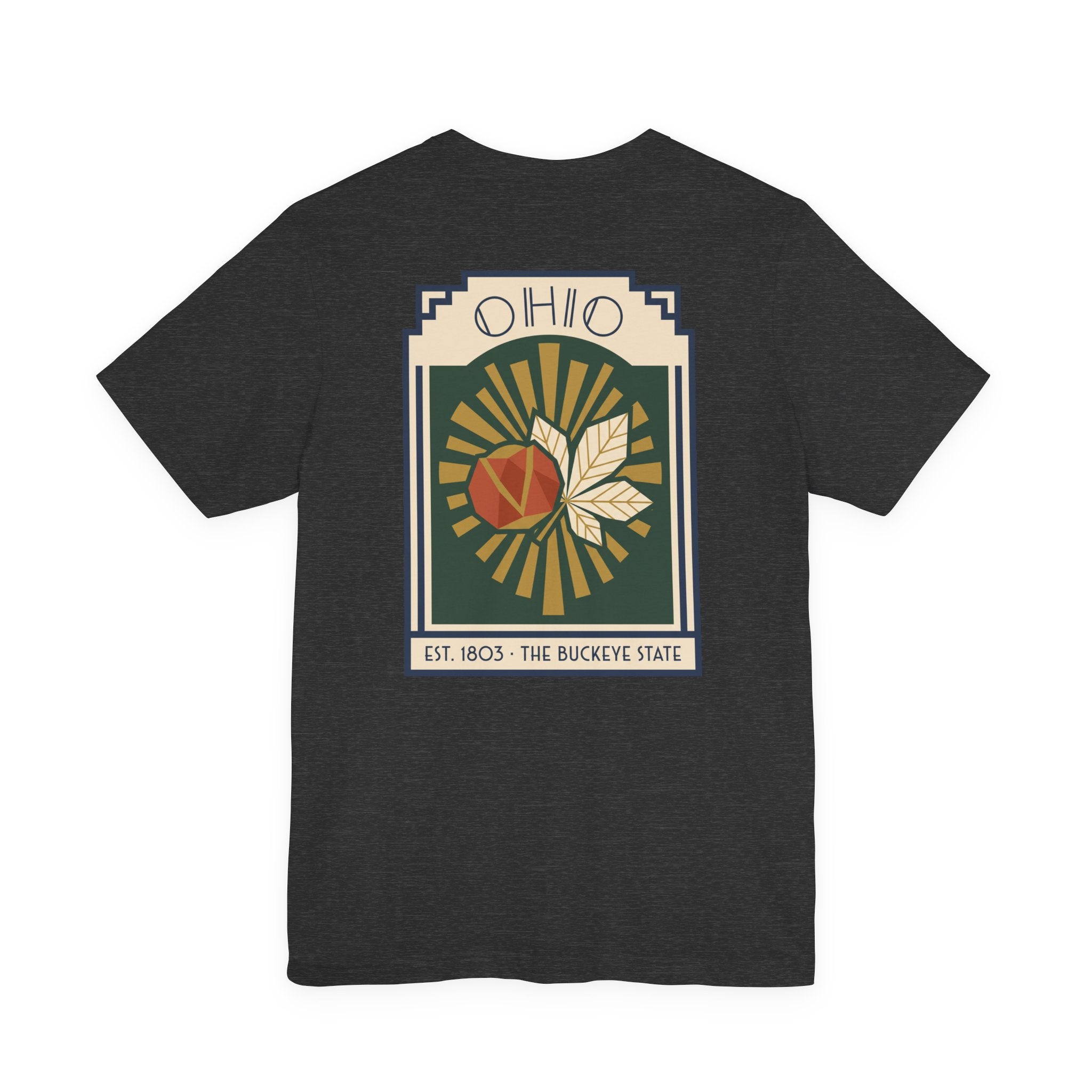 Dark charcoal T-shirt with Ohio sunburst art deco graphic front