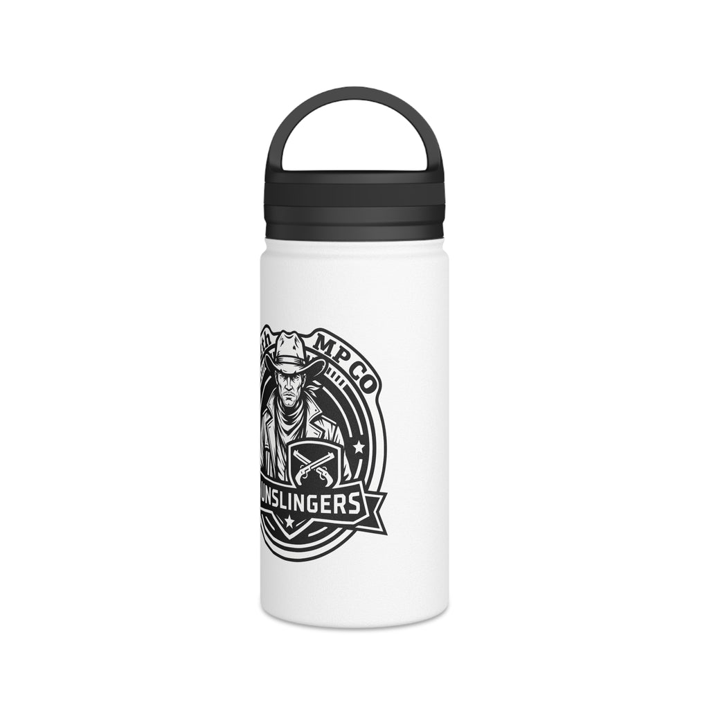 White stainless steel water bottle with black carry handle and Gunslingers logo graphic