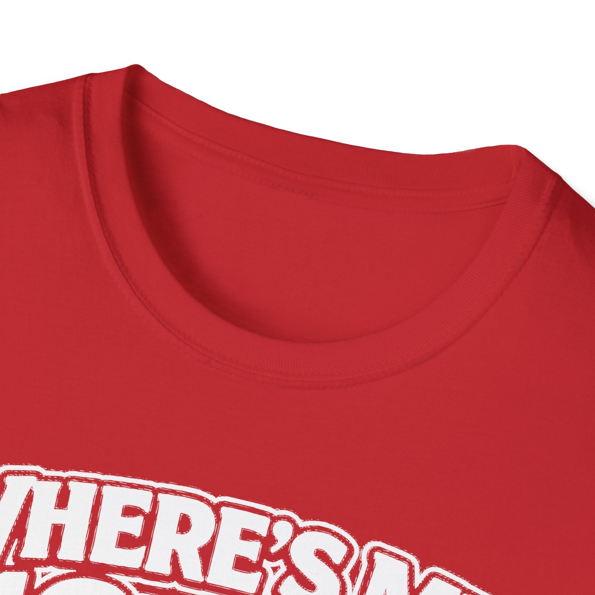 Red T-shirt close-up of crew neck and smooth fabric