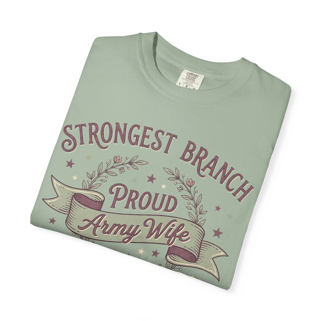 Mint green T-shirt with Strongest Branch, Proud Army Wife ribbon and wreath graphic.