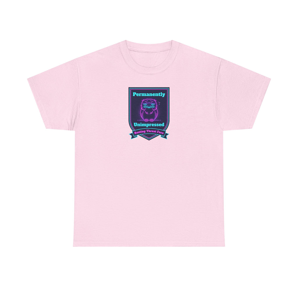 Permanently Unimpressed Badge Tee | Retro Neon Robot Design