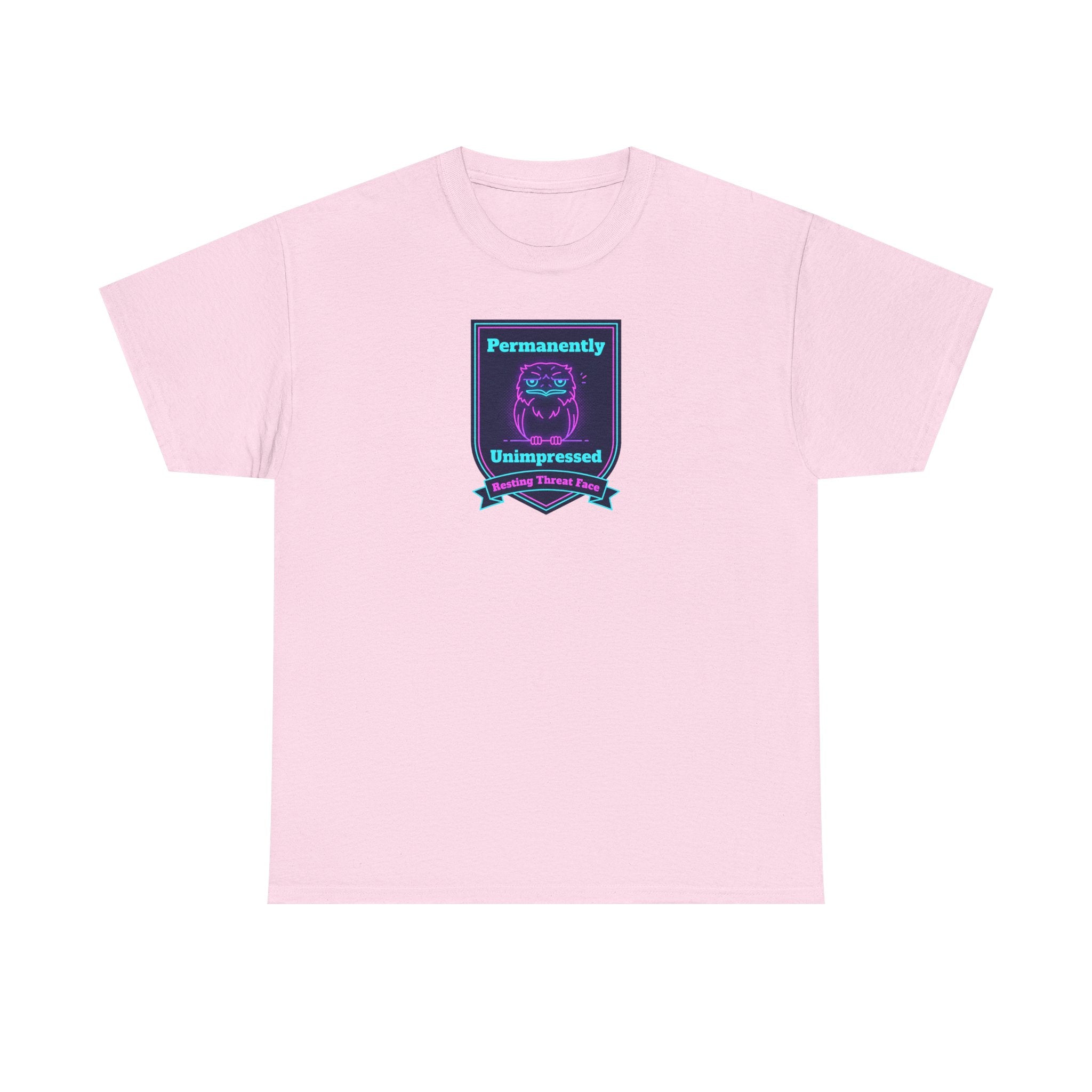 Permanently Unimpressed Badge Tee | Retro Neon Robot Design