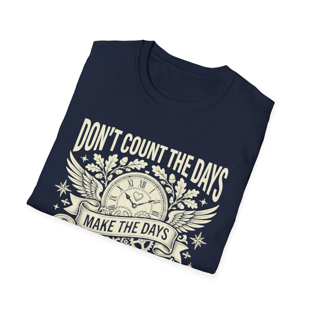 Navy T-shirt with stopwatch, wings, and “MAKE THE DAYS” banner