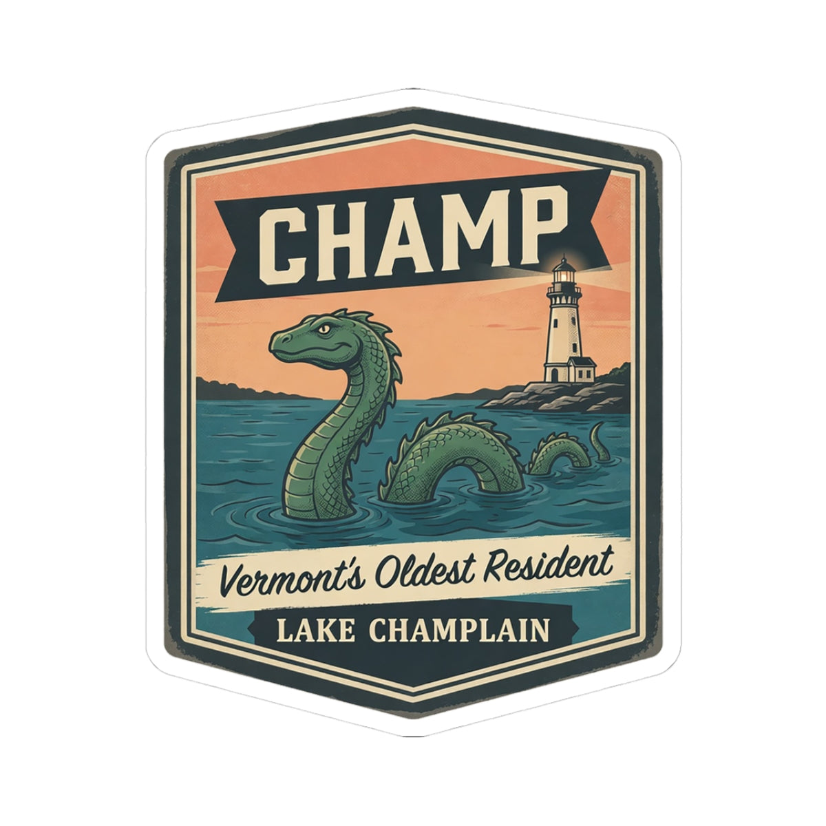 Hexagon kiss-cut sticker with vintage CHAMP banner, green sea serpent, and lighthouse by lake