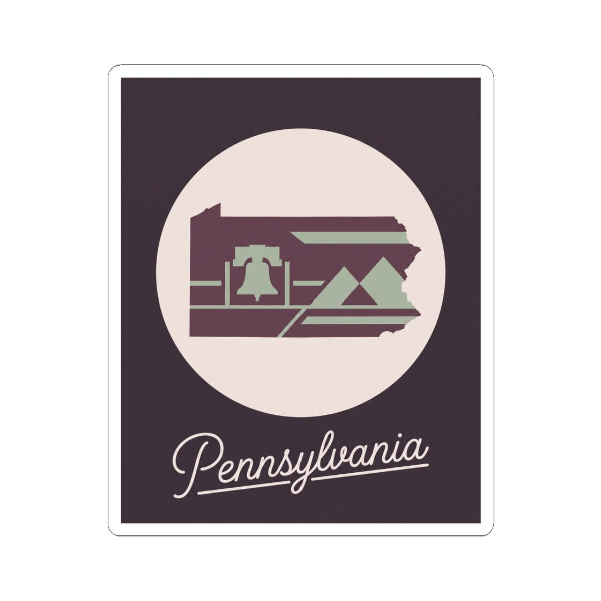 Pennsylvania state silhouette kiss-cut decal sticker, purple and green, script “Pennsylvania”