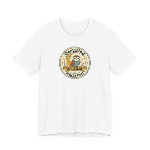 White T-shirt with certified night owl badge graphic on chest