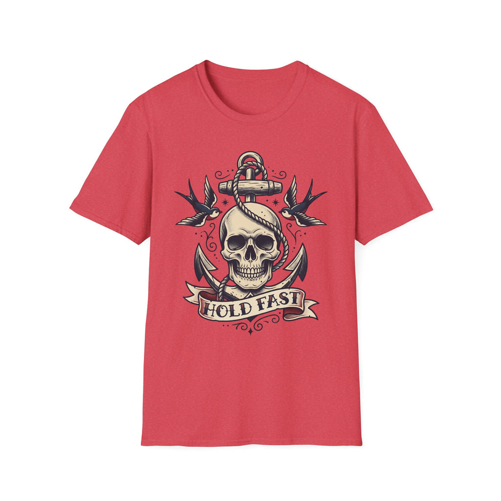 Red T-shirt with skull anchor tattoo graphic and “HOLD FAST” banner