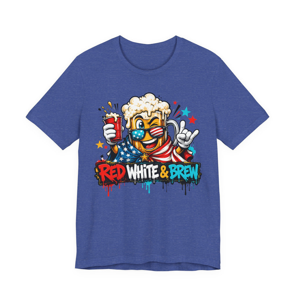 Red White & Brew 4th of July T-Shirt | Patriotic Beer Mascot American Flag Graphic Tee