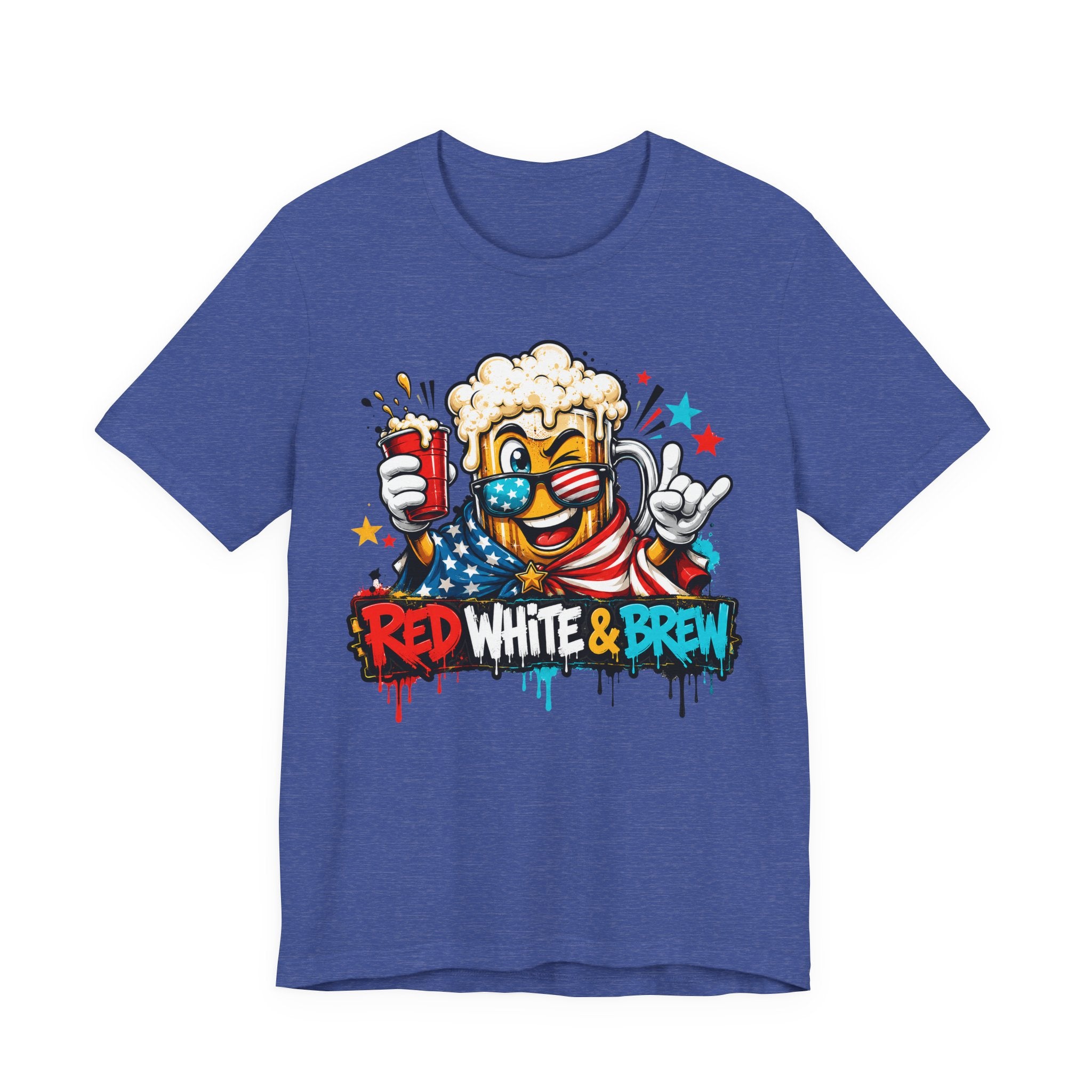 Red White & Brew 4th of July T-Shirt | Patriotic Beer Mascot American Flag Graphic Tee