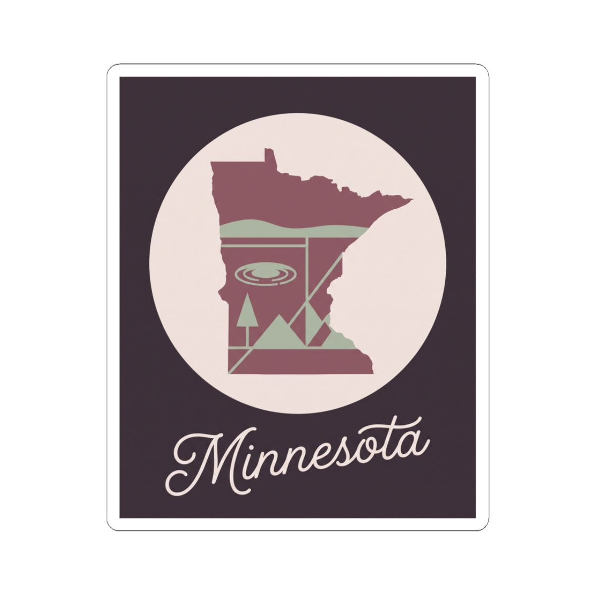 Minnesota state silhouette kiss-cut decal with lake scene and script “Minnesota”
