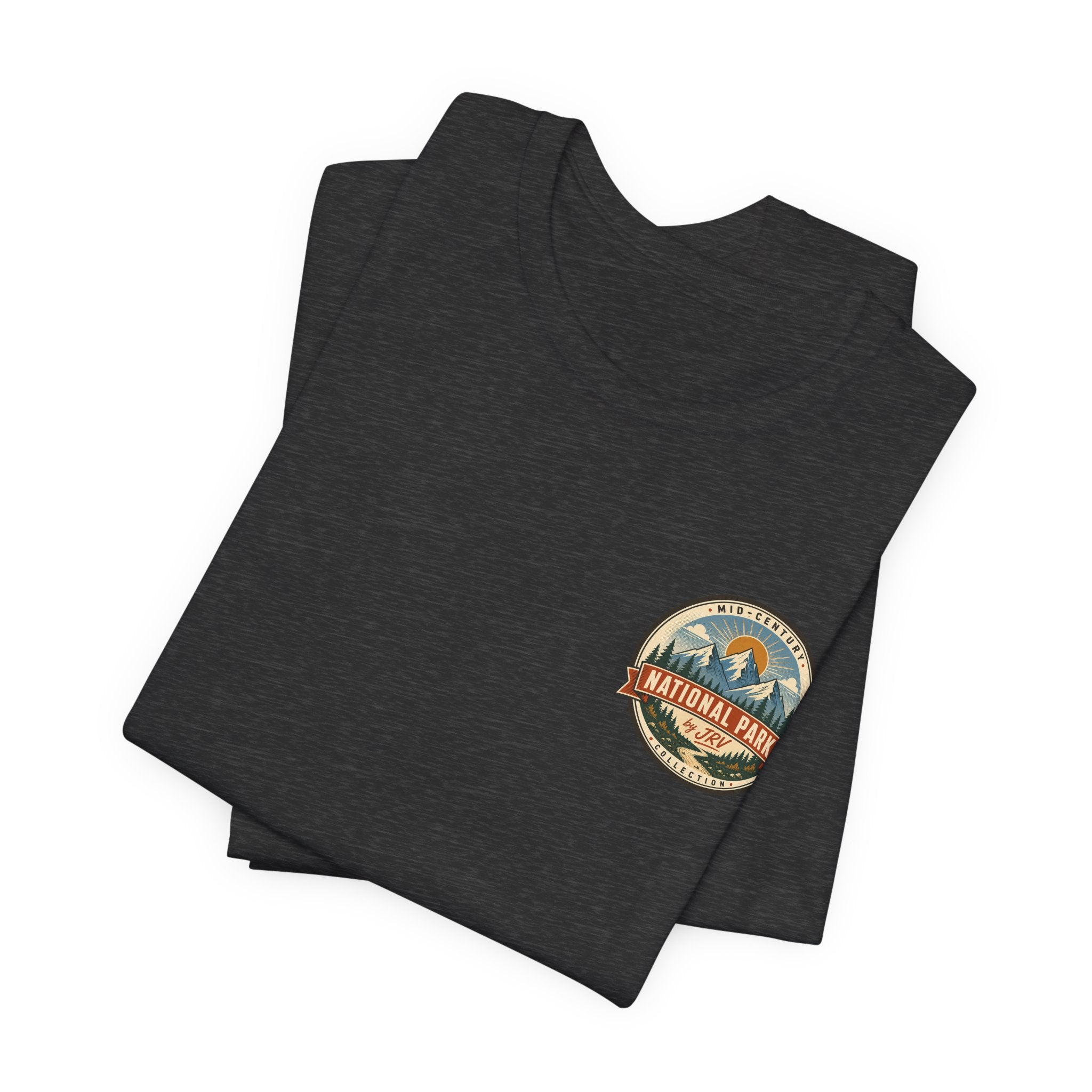 Dark heather gray crewneck T-shirt with round National Park logo patch graphic