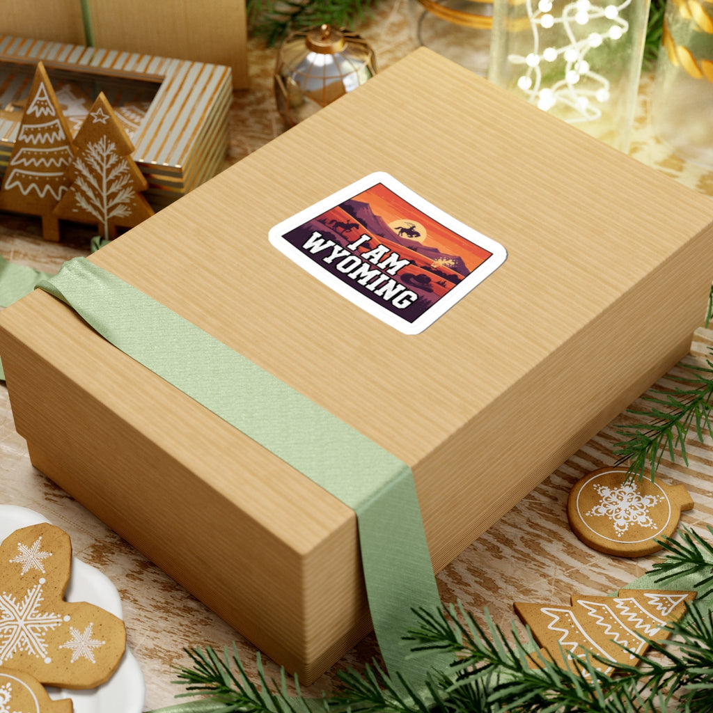 I Am Wyoming sticker on a boxed gift, cowboy theme and 'I AM WYOMING' title
