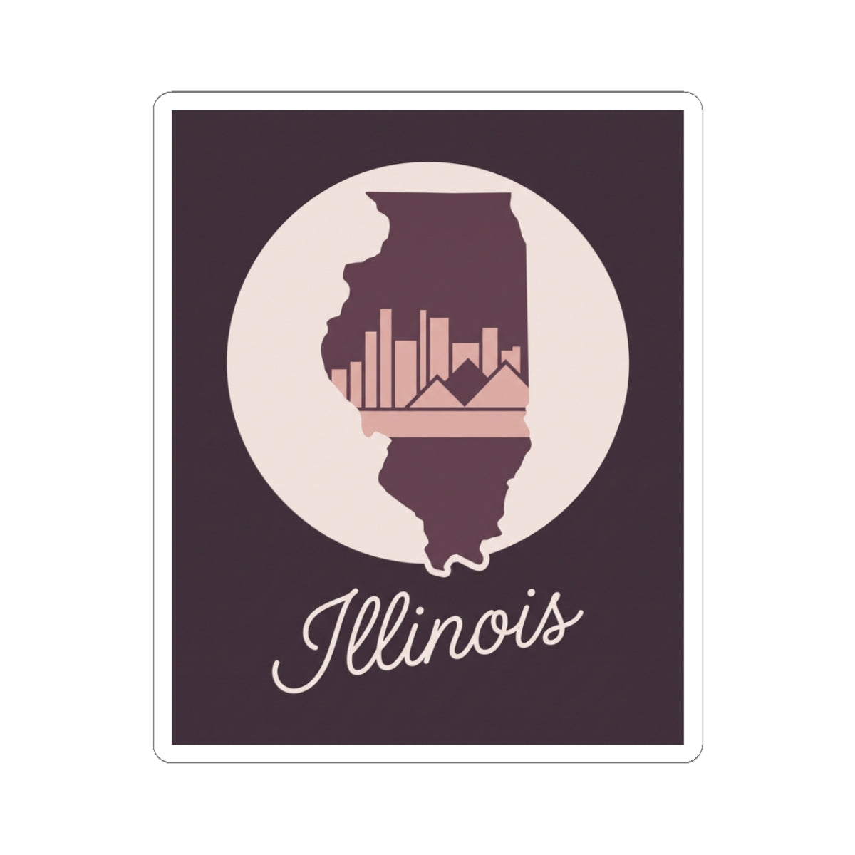 Mauve Illinois state silhouette vinyl sticker with white circle and “Illinois” script