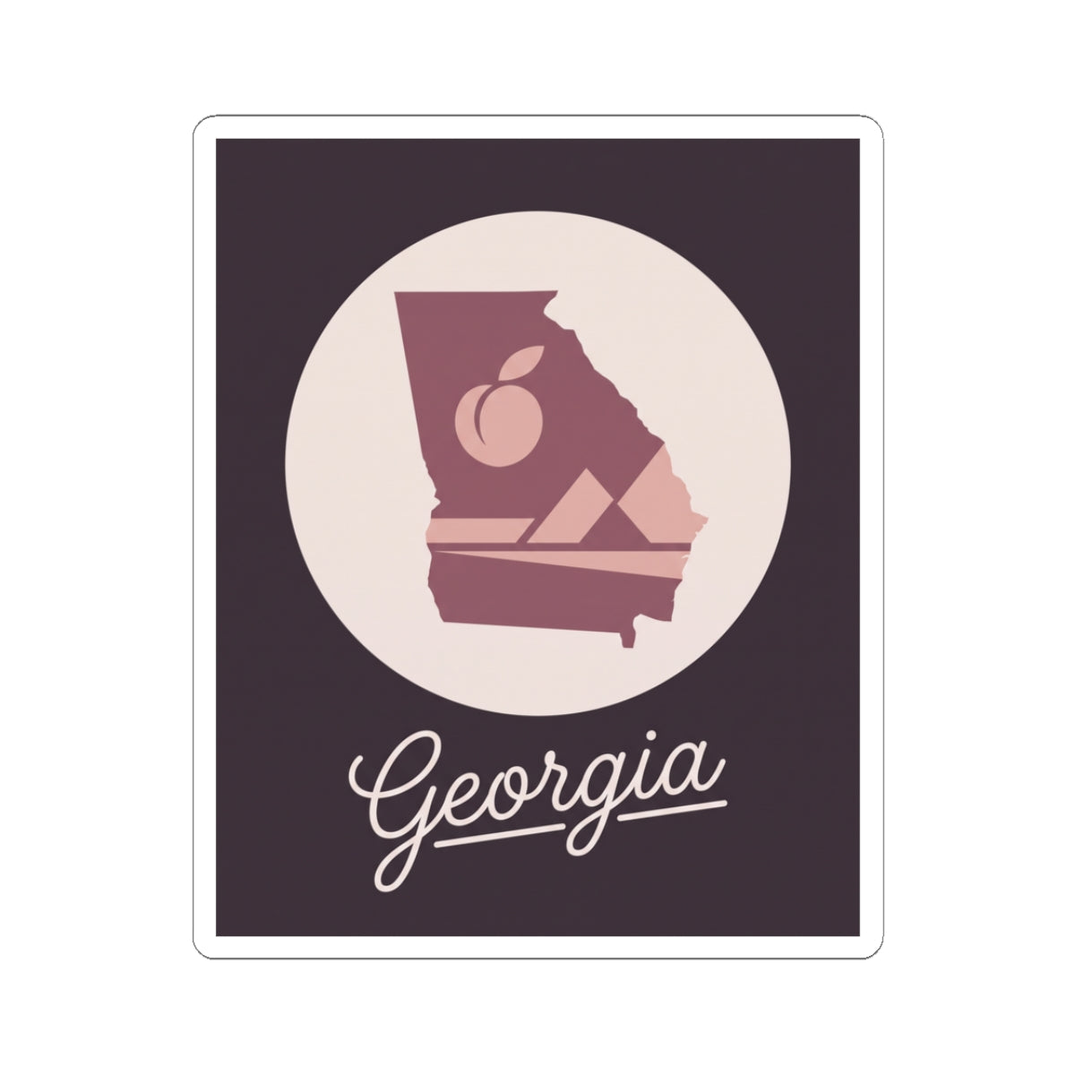 Mauve Georgia state silhouette vinyl decal in a circle with cursive Georgia script