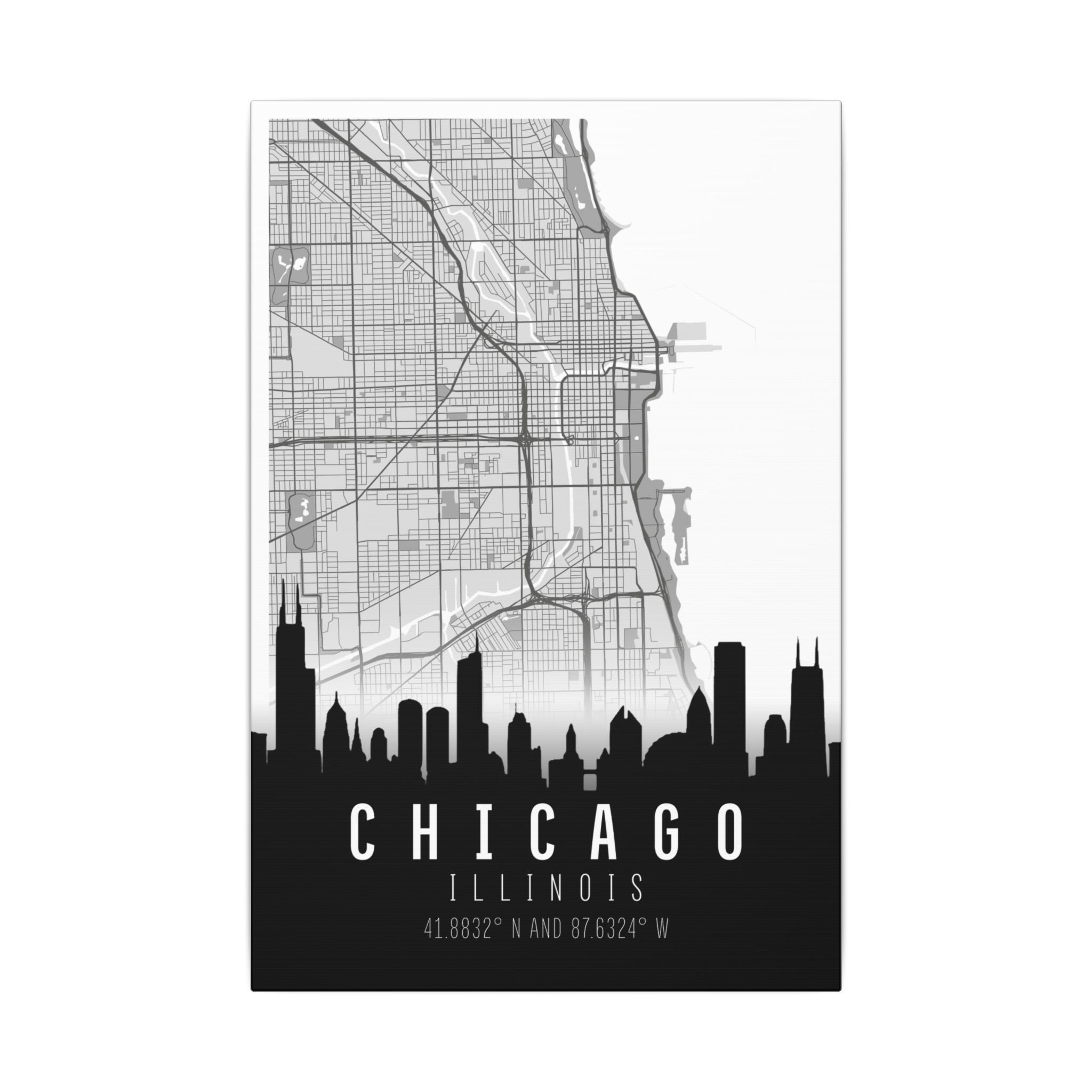 Chicago skyline map matte canvas with “CHICAGO”, “ILLINOIS” and latitude/longitude