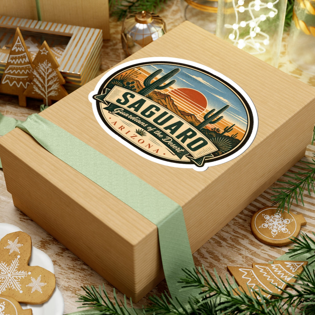 Saguaro Arizona travel sticker on a gift box lid