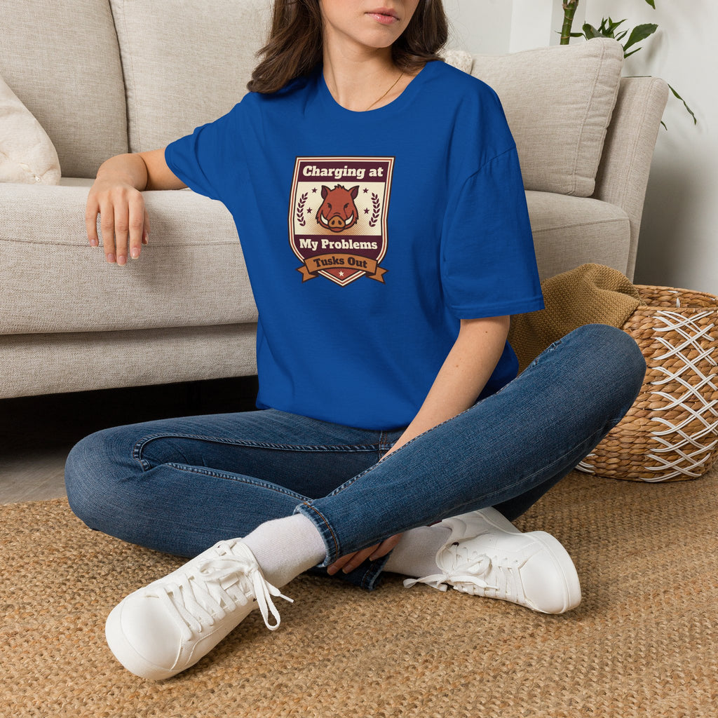 Funny Boar T-Shirt | Charging at My Problems Tusks Out Crest Graphic Tee | Wild Boar Lover Gift