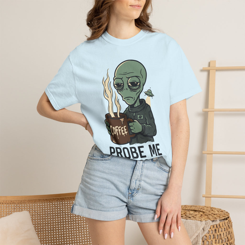 Light blue alien coffee T-shirt on model, crew neck short sleeves with front print