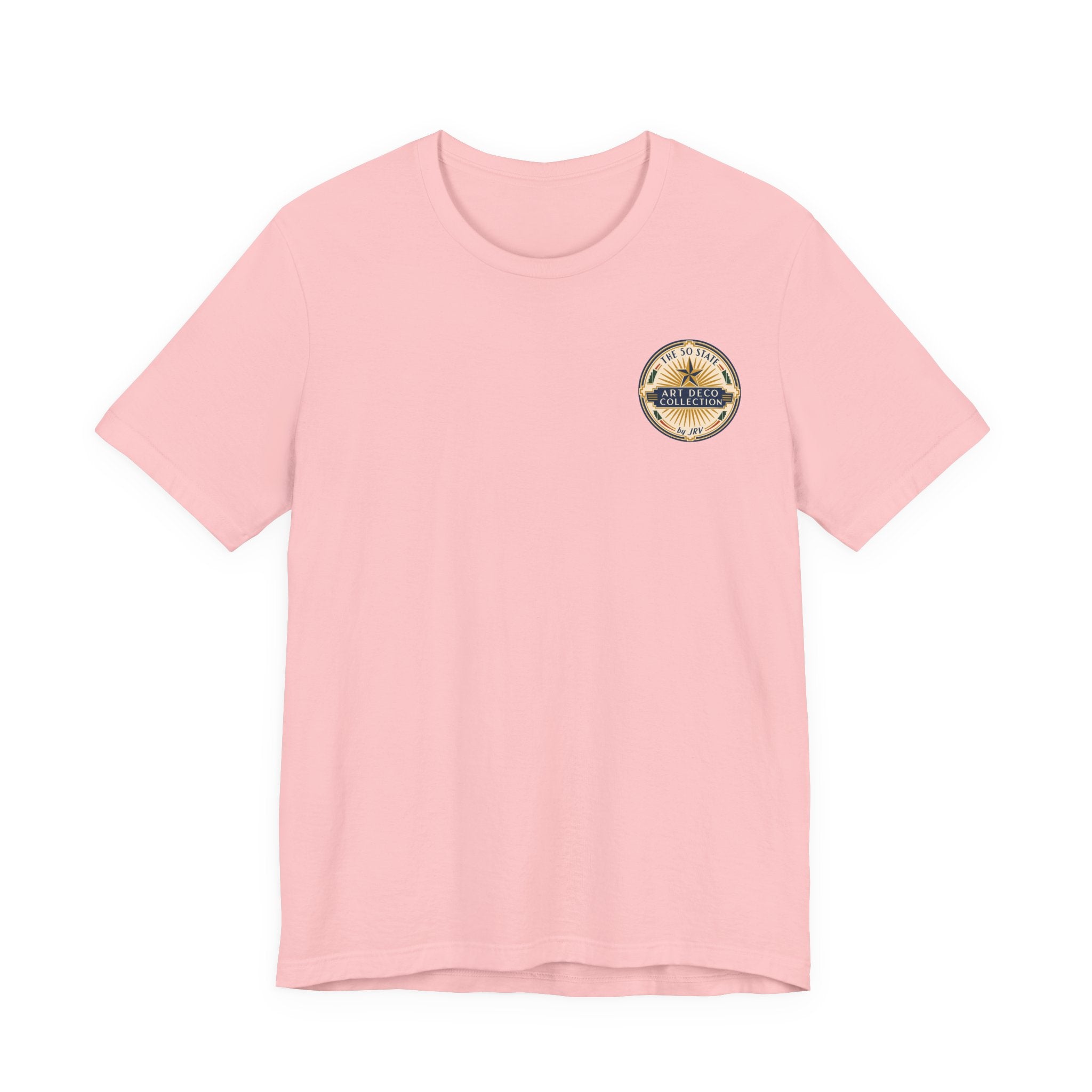 Light pink T-shirt with small round logo patch on the left chest