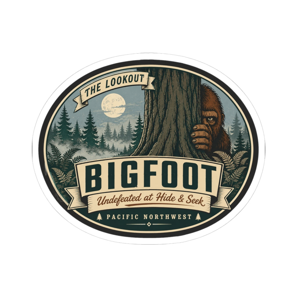 Round kiss-cut Bigfoot hide-and-seek outdoor logo vinyl sticker with forest and moon