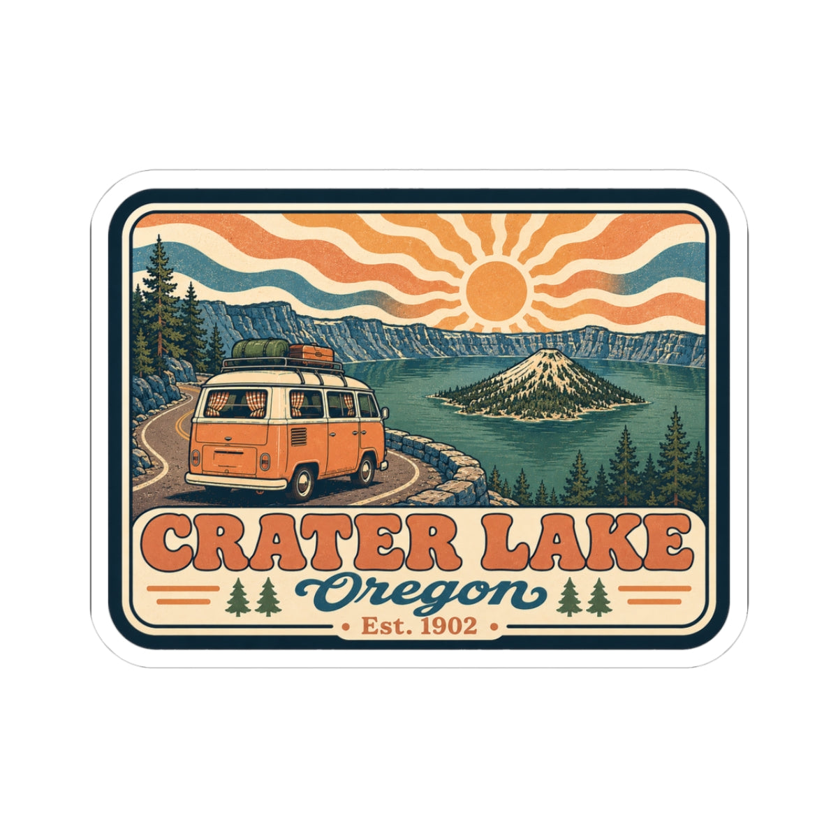 Kiss-cut sticker: retro Crater Lake Oregon text with orange camper van and lake scene