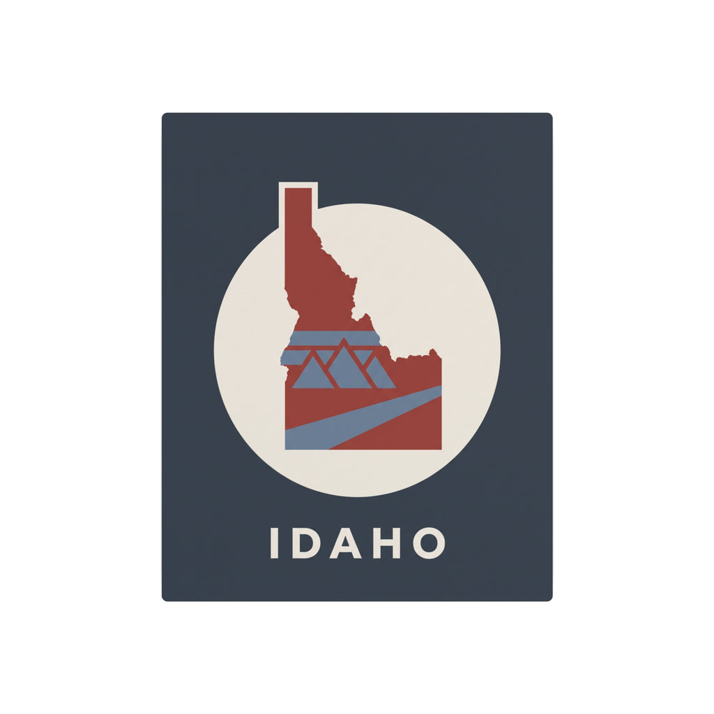Idaho metal sign, dark blue square with rounded corners, red Idaho outline inside white circle