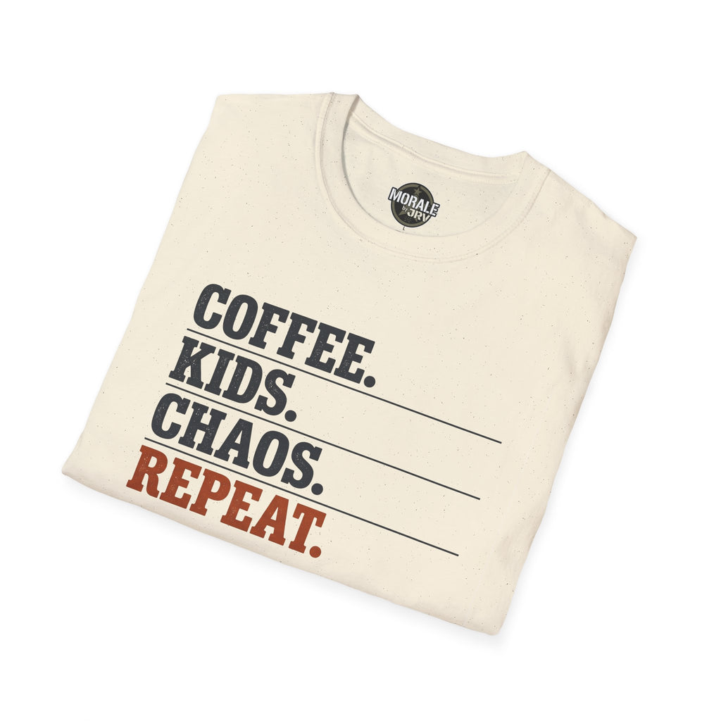 Kids Chaos repeat T-shirt, Natural, “COFFEE. KIDS. CHAOS. REPEAT.” front graphic