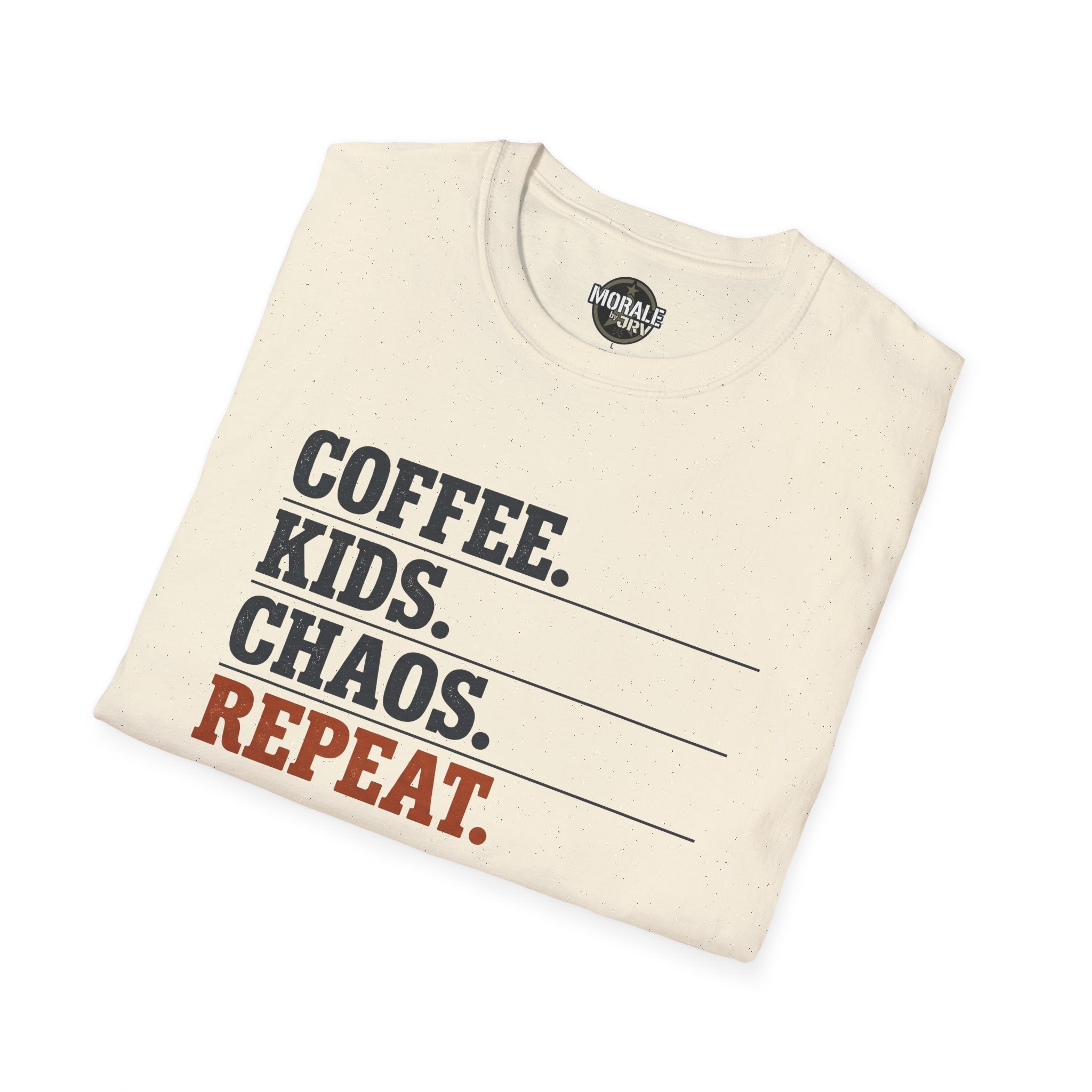 Kids Chaos repeat T-shirt, Natural, “COFFEE. KIDS. CHAOS. REPEAT.” front graphic