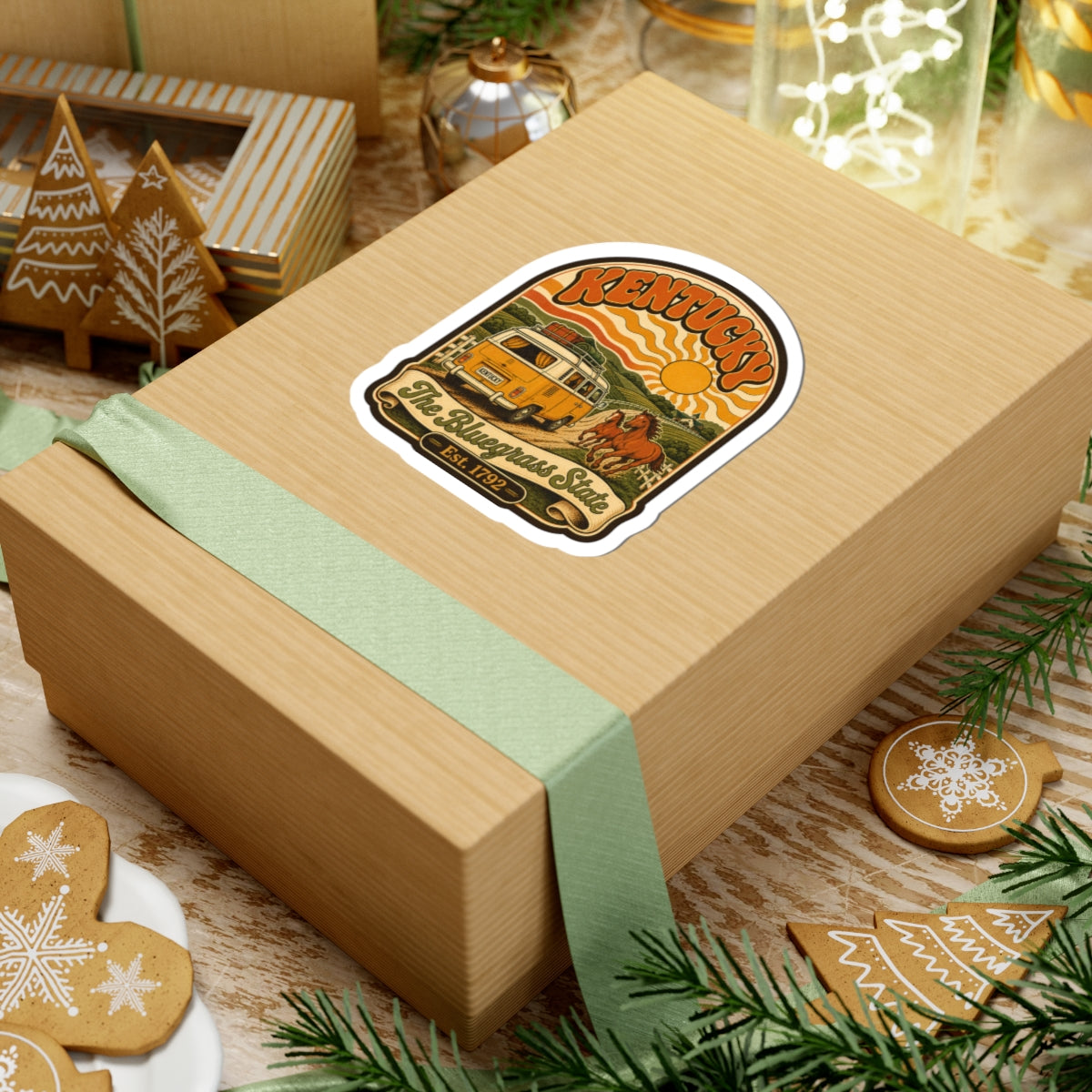 Kentucky retro van and horse scenic sticker on a gift box top