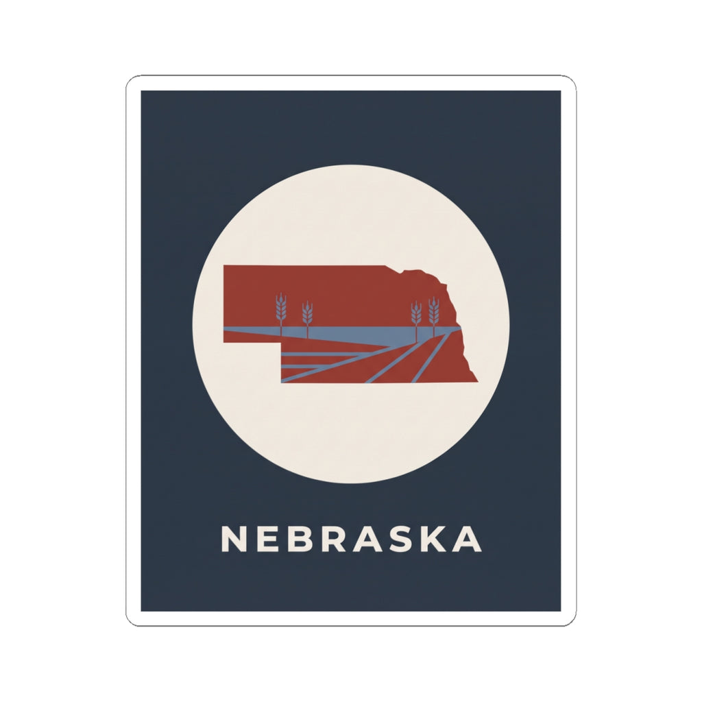 Kiss-cut Nebraska sticker: navy background, white circle, red farmland map and “NEBRASKA”