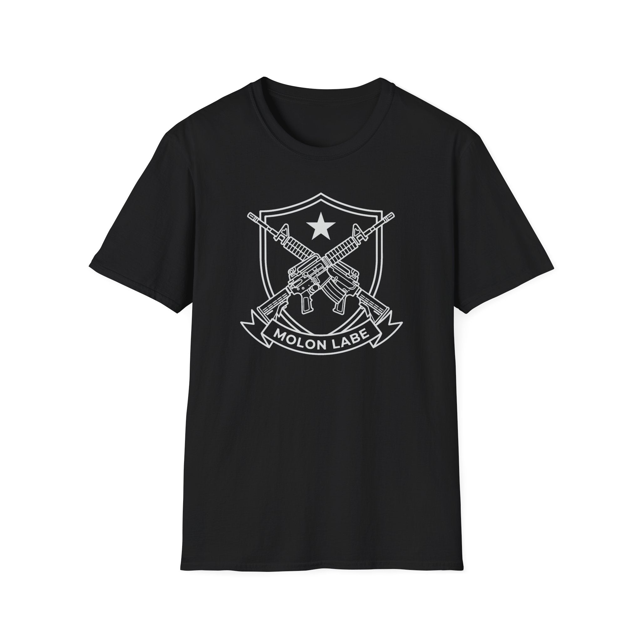 Black T-shirt with front shield emblem featuring crossed rifles and “MOLON LABE”