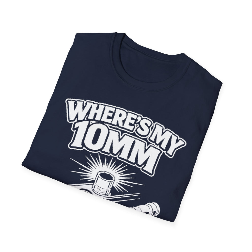 Navy T-shirt with “Where’s My 10mm” mechanic tool graphic