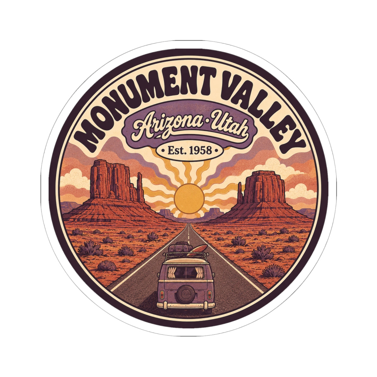 Round desert landscape sticker with Monument Valley lettering, mesas, sun, and vintage van