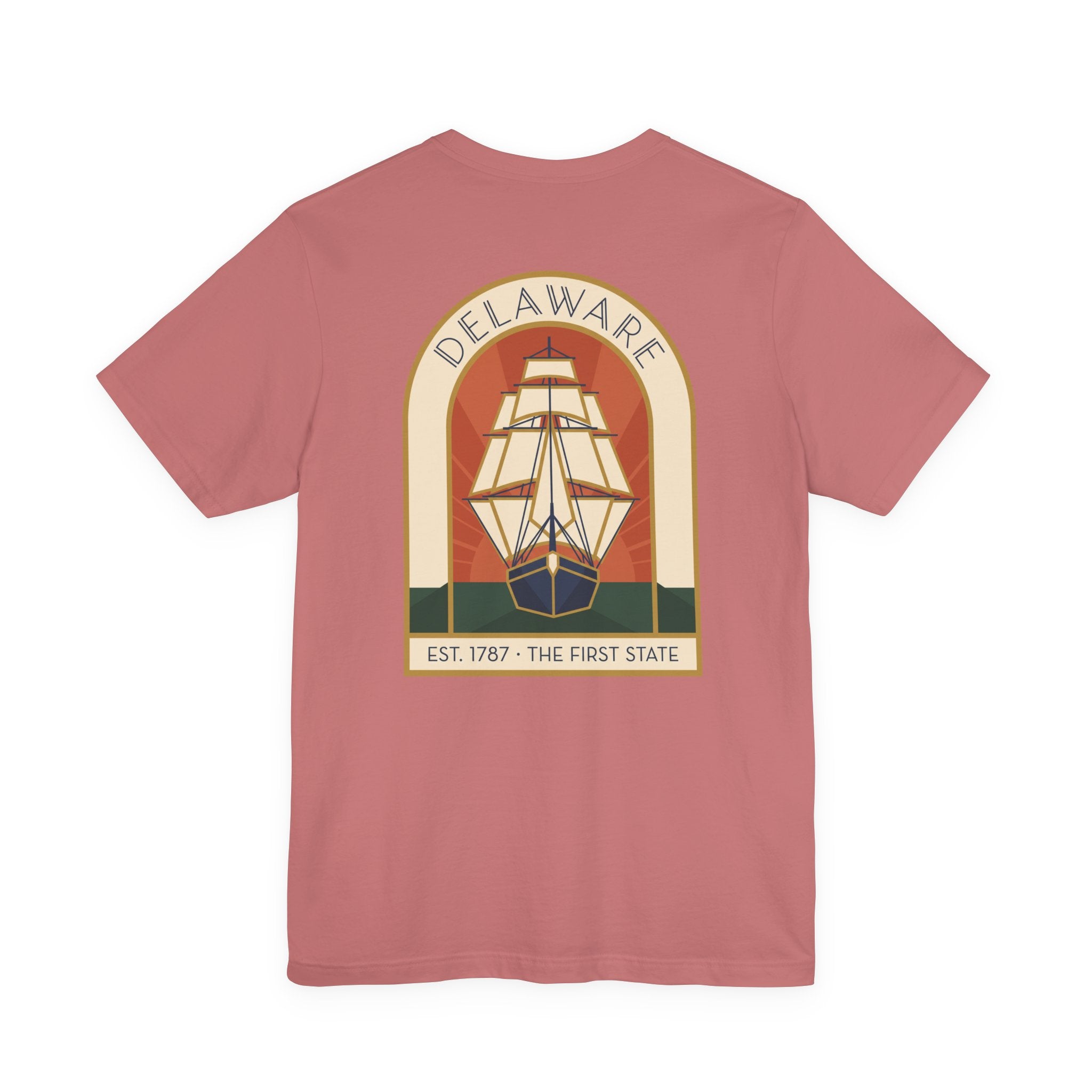 Rose pink t-shirt with large back graphic of a sailing ship inside a badge