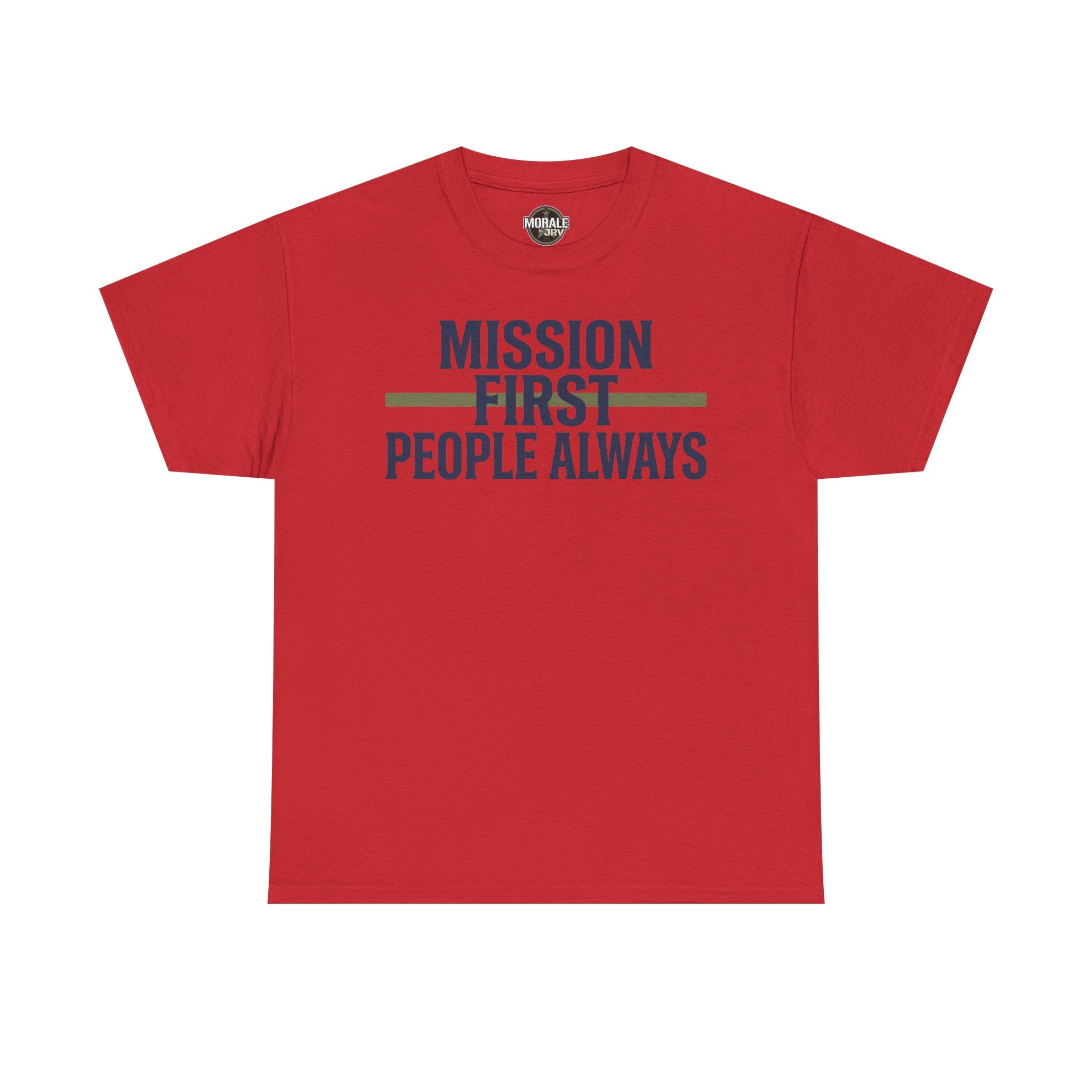 Red T-shirt with “Mission First People Always” slogan graphic at chest