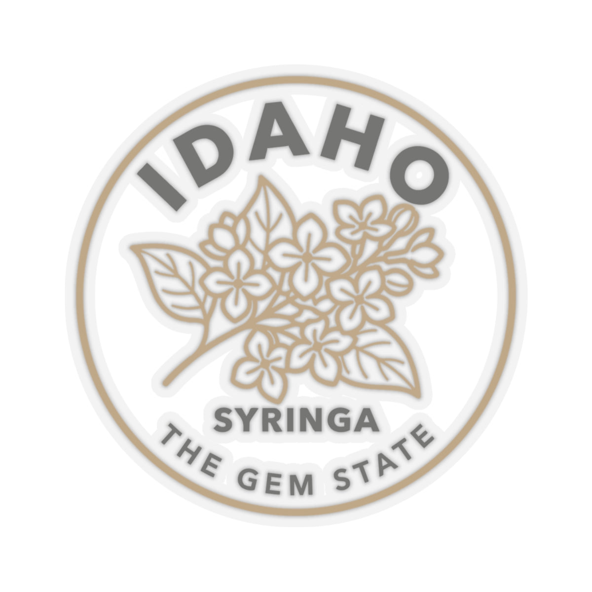 Transparent vinyl sticker showing Idaho syringa flower and banner text "the gem state"