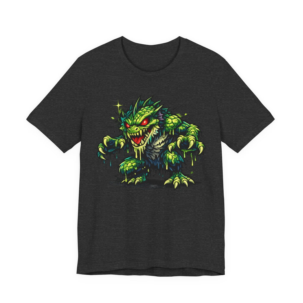 Dark charcoal T-shirt with green swamp monster illustration graphic on front