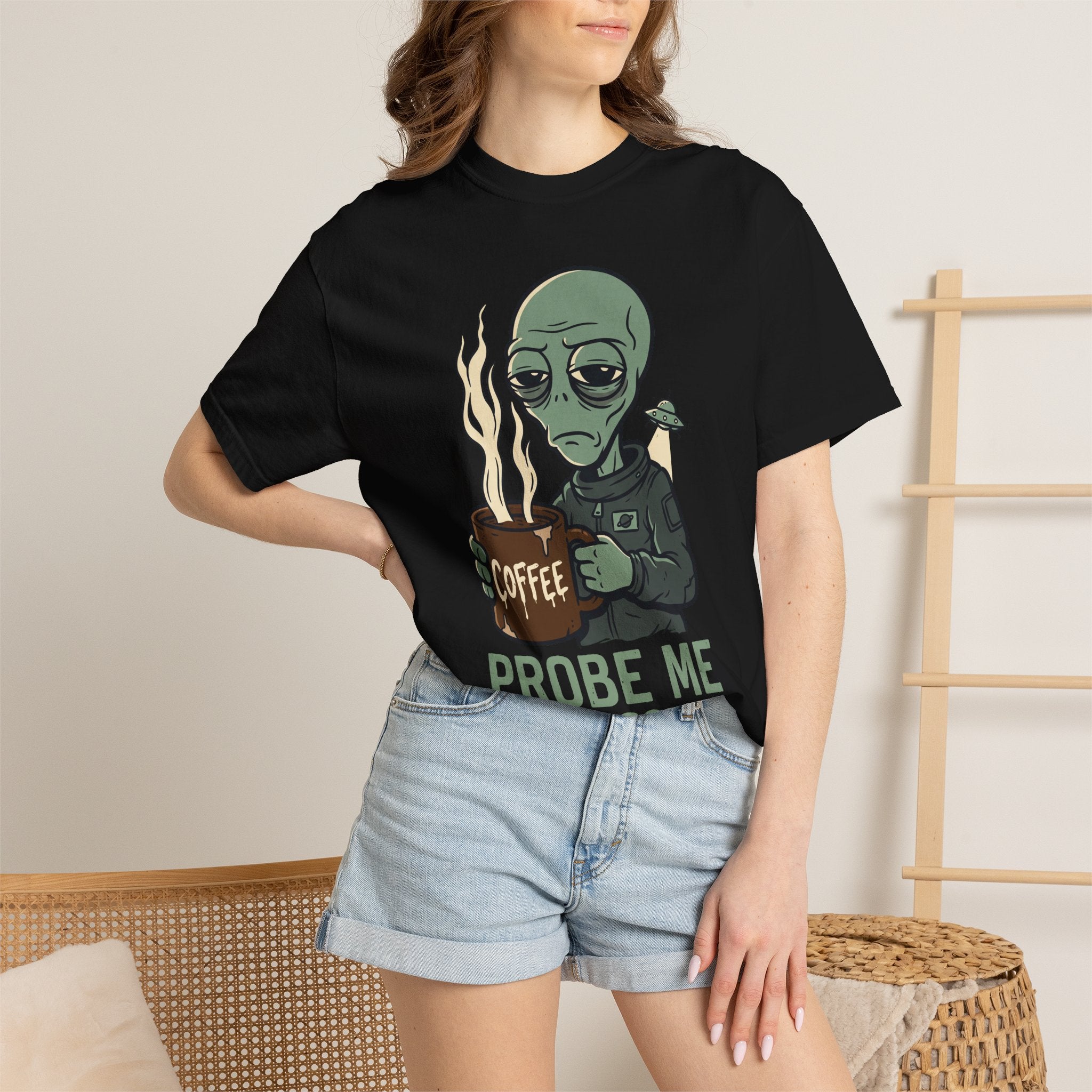 Black alien coffee graphic t-shirt worn by model, crew neck