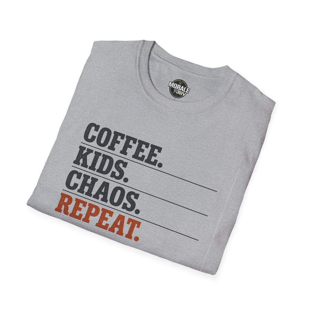 Kids chaos repeat T-shirt with “COFFEE. KIDS. CHAOS. REPEAT.” print, sport grey