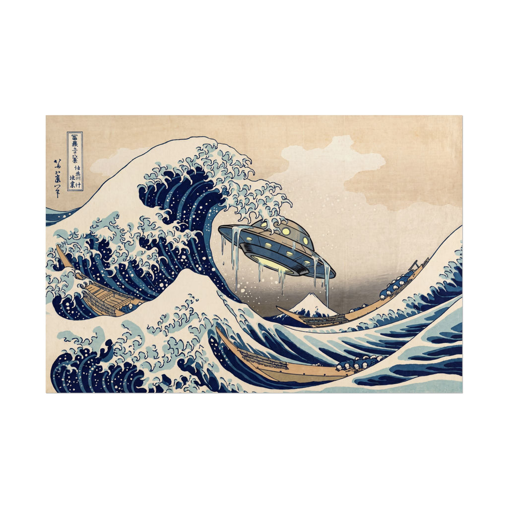 Framed-style poster featuring blue wave crest and UFO craft in vintage Japanese print