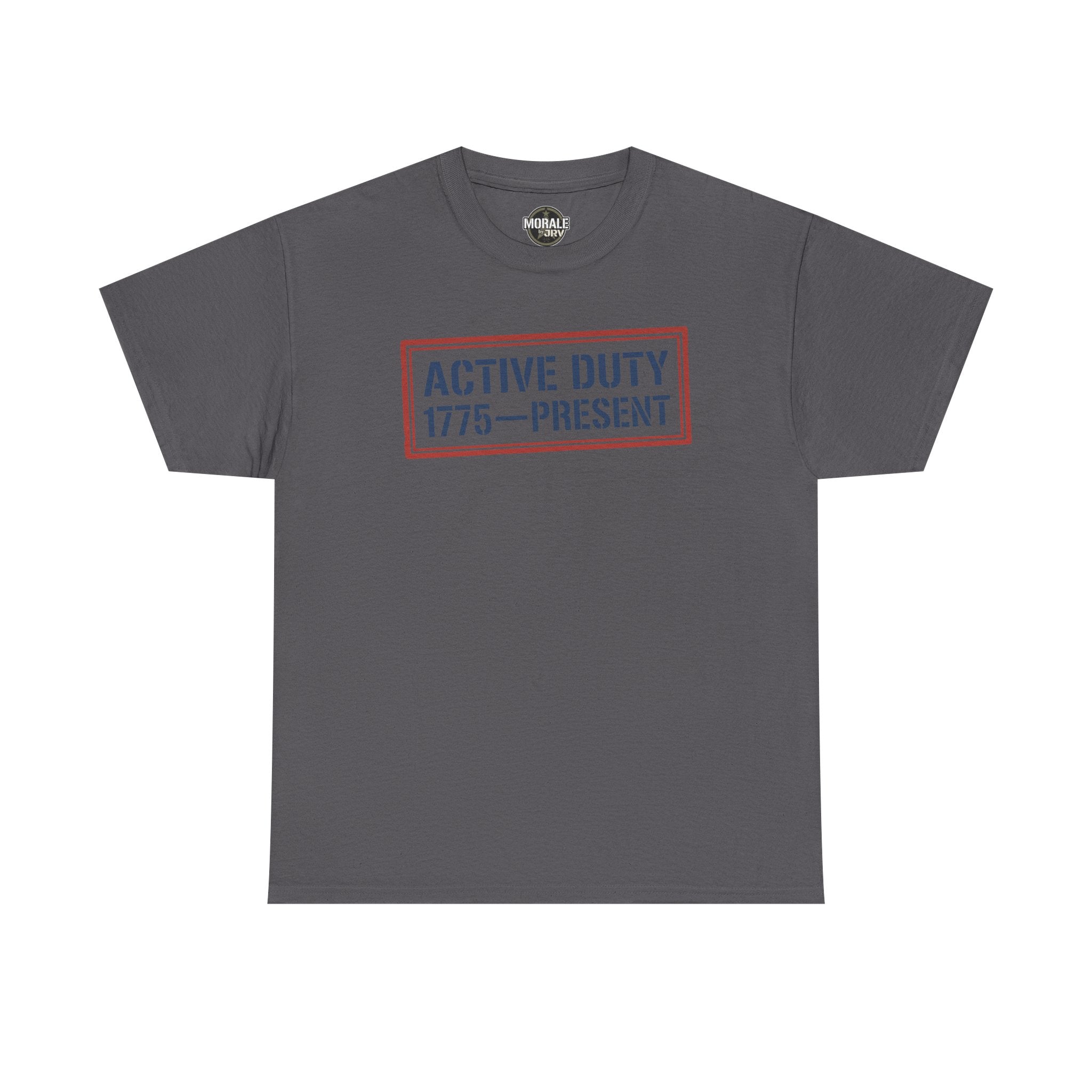 Charcoal crew neck tee with red “Active Duty 1775–Present” chest logo