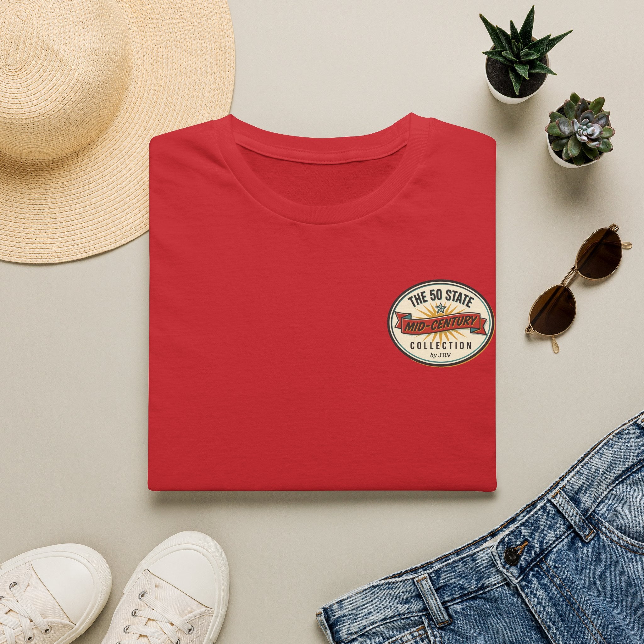 Red T-shirt with small chest logo patch