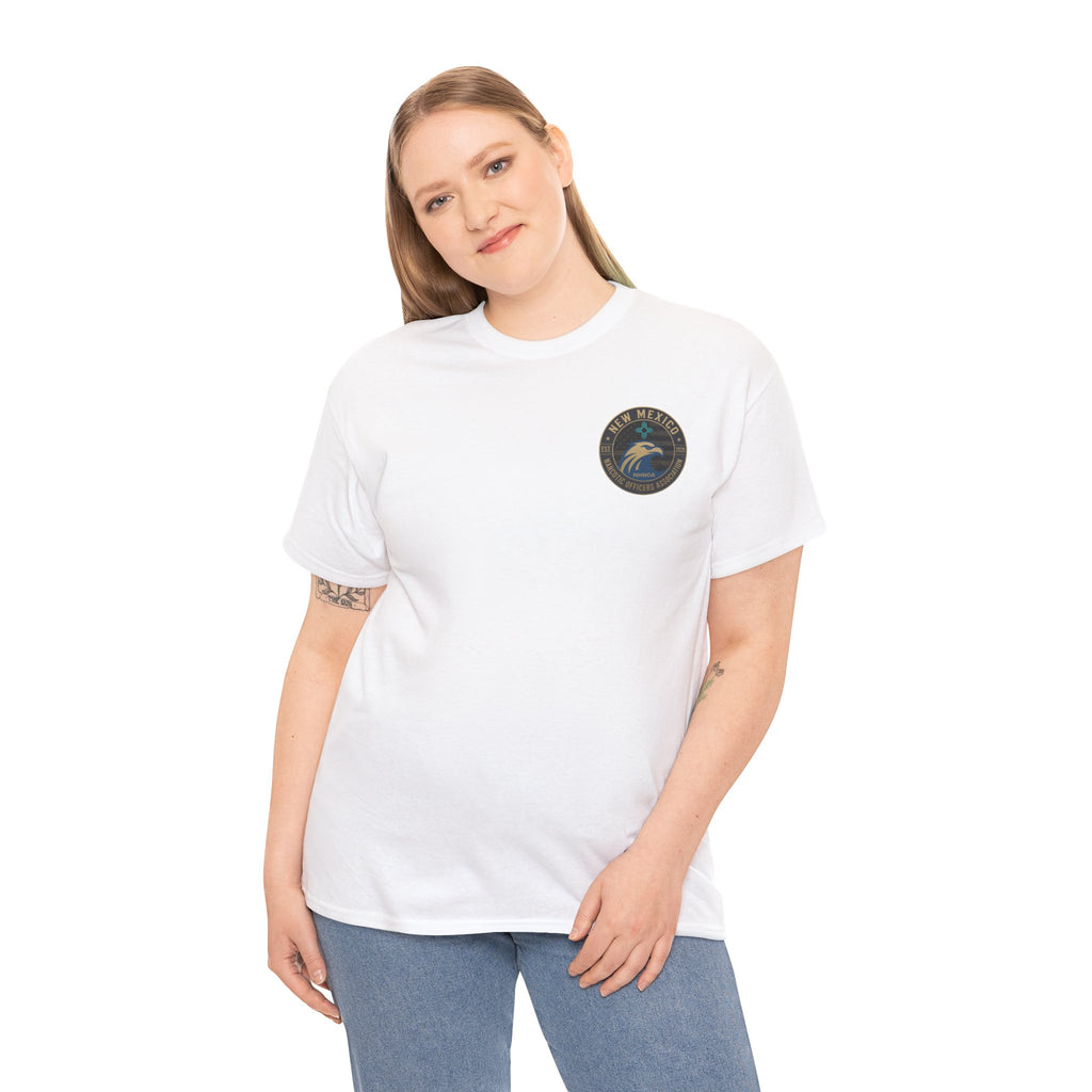White crewneck t-shirt with small circular chest logo