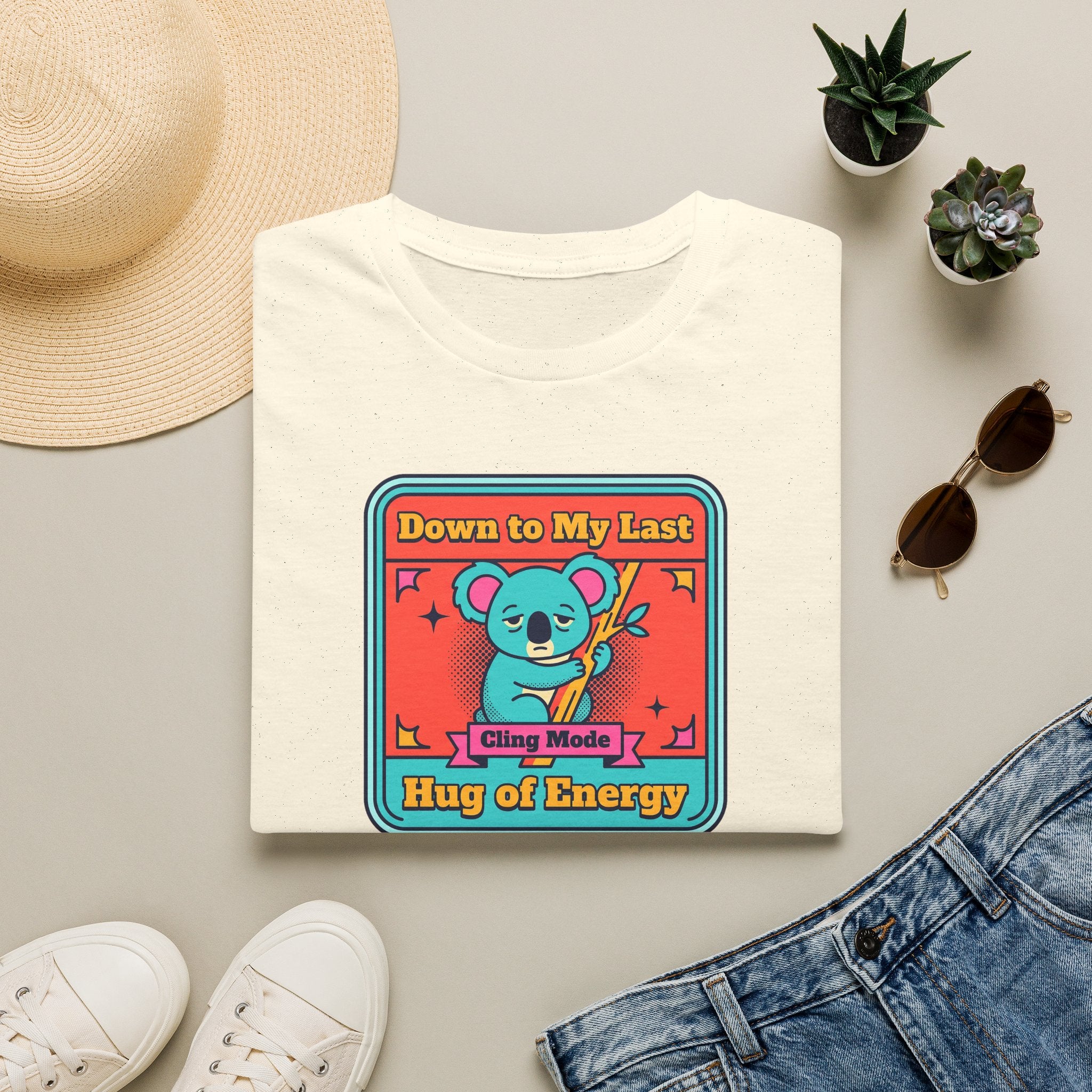 Funny Koala T-Shirt | Down to My Last Cling Mode Hug of Energy | Cute Kawaii Animal Graphic Tee