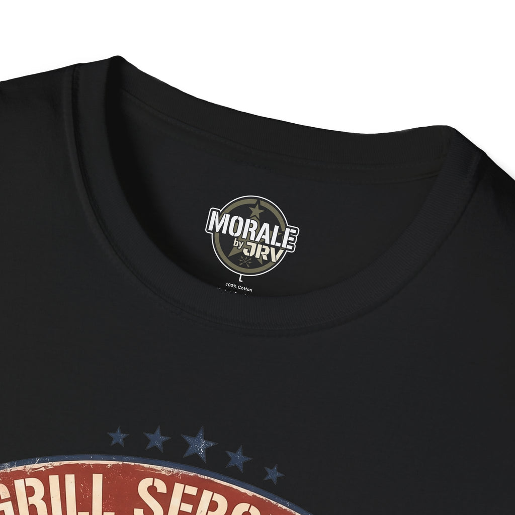 Black T-shirt neckline and chest print detail with 'Morale' logo