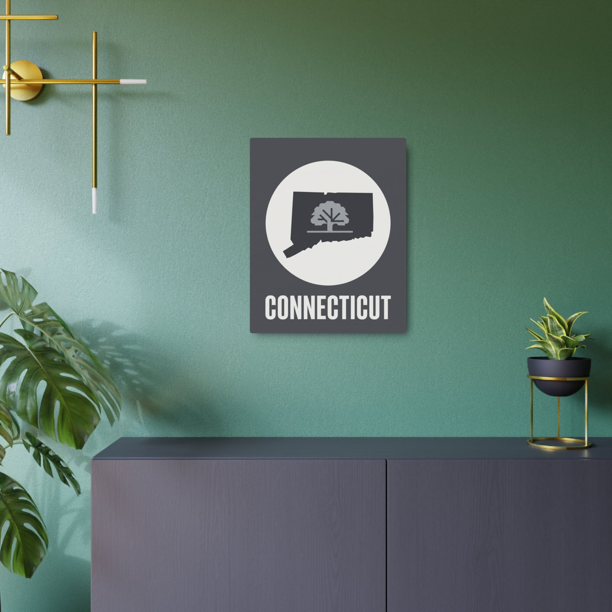 Connecticut metal wall plaque featuring circular tree state silhouette and CONNECTICUT lettering