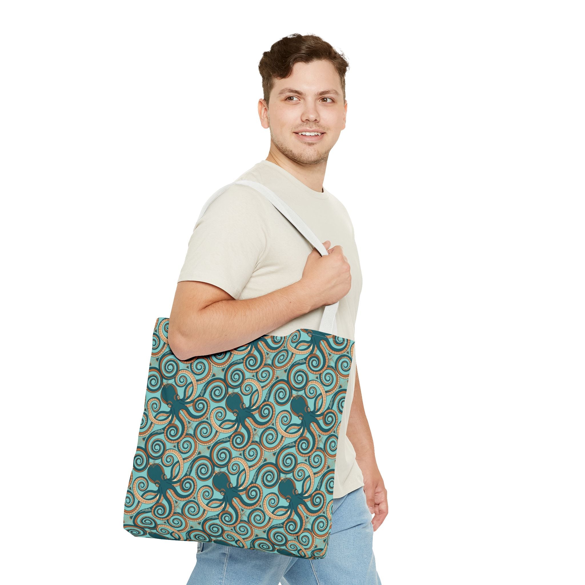Teal octopus swirl tote bag with rope handles, all-over pattern.